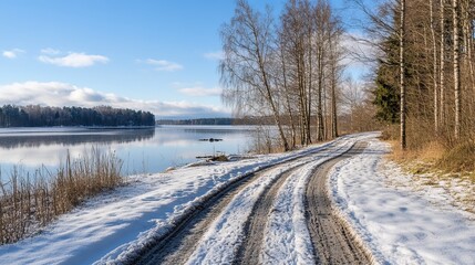 Obraz premium Scenic winter landscape a snow-covered dirt road winds along a tranquil lake, framed by bare trees under a bright blue sky