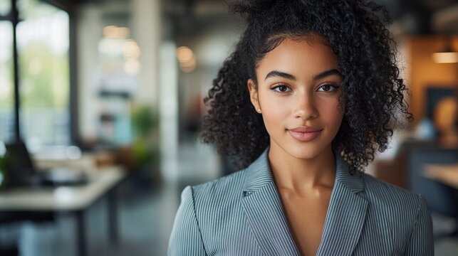 Confident Young Black Businesswoman in Stylish Office Attire, Professional Portrait, Modern Workspace