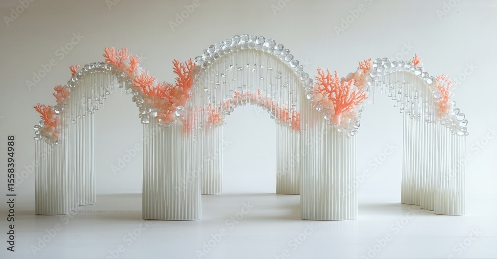 Poster Minimalist installation features repeating arches. White columns support coral, beads creating delicate, ethereal structure. Light, shadow play.