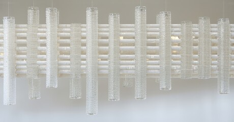 Suspended glass cylinders create luminous installation. Light filters through textured surfaces, forming bright patterns. Minimalist design, elegant ambiance.