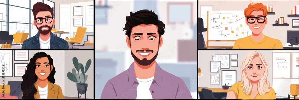 Poster Remote Team Video Call Featuring Diverse Avatars With a Collaborative Whiteboard Background During a Virtual Meeting