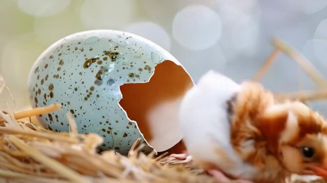 Newborn chick hatching from speckled egg straw nest with soft natural light and gentle bokeh background capturing tender moment of animal life