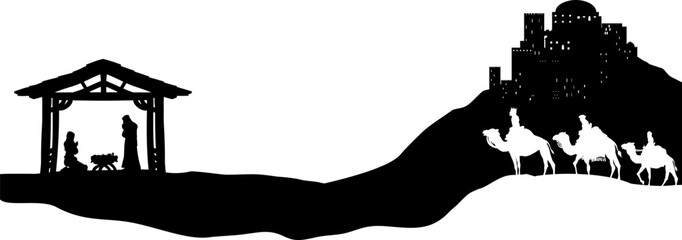 A Christmas nativity scene with baby Jesus in the manger, wise men and city of Bethlehem in the background