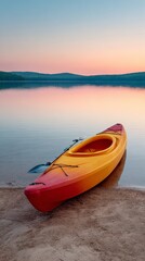 Colorful kayak resting on a sandy shore of a calm lake, reflecting the warm hues of a sunset sky during a peaceful summer camping trip