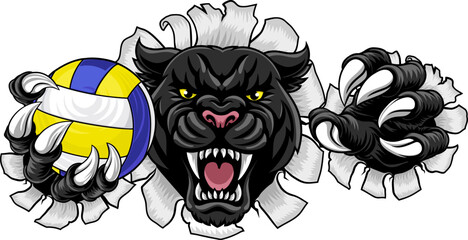 Black panther leopard or jaguar cat volleyball sports team mascot holding a ball