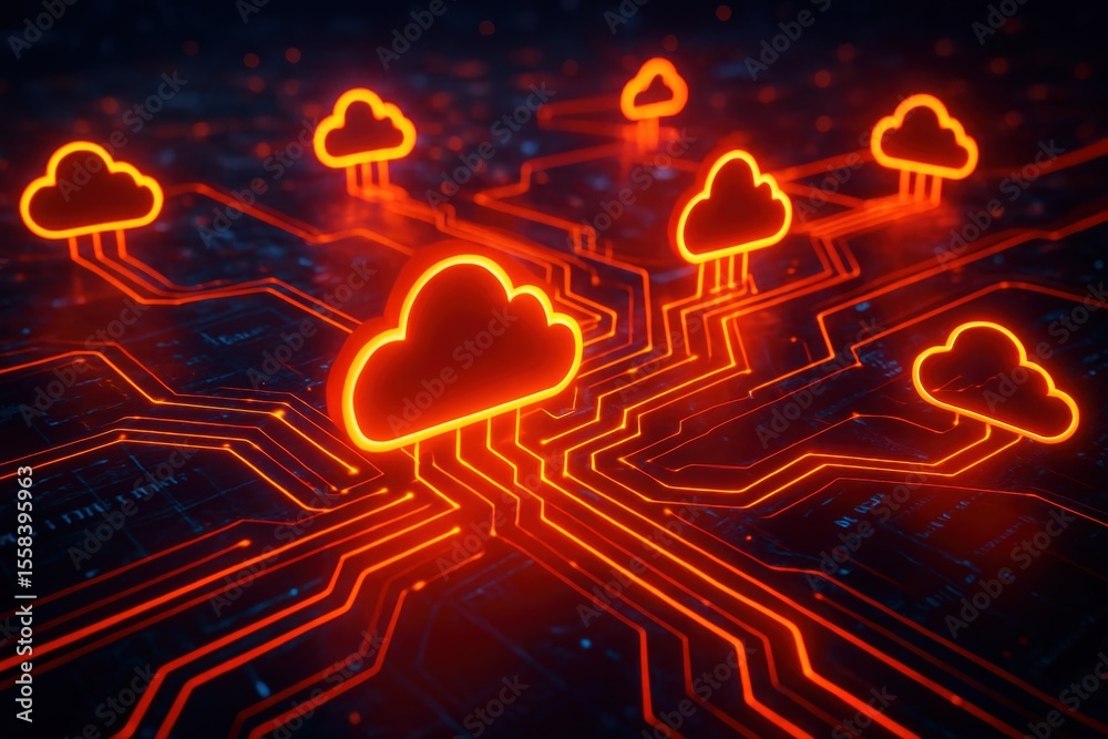 Poster cloud computing network: illustrative image of a cloud computing network. depicting a series of glow