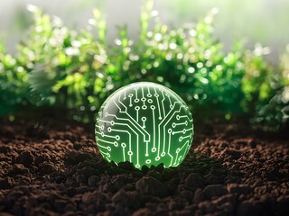 Green Circuit Sphere in Dark Soil with Lush Background