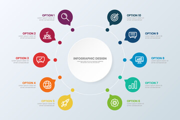 Circle chart infographic template with 10 options for presentations