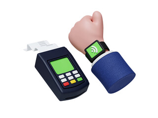 Smartwatch displaying successful transaction on a payment terminal. 3D render illustration