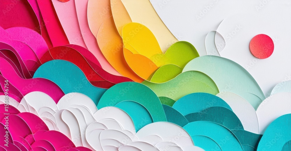 Poster colorful paper layers create abstract waves, sky. bright hues blend, forming dynamic composition. mi