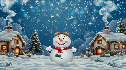 Cheerful snowman welcomes the holiday season in a magical winter village with twinkling stars and cozy, snow-covered houses.