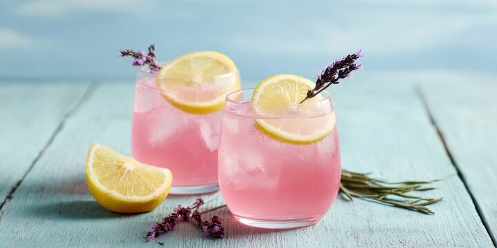 The refreshing pink lemonade cocktails with lemon and lavender garnish. - Powered by Adobe