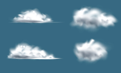 Realistic clouds isolated on blue background. Cloudy sky, cloudscape atmosphere. Smoke, fog, weather elements. Vector