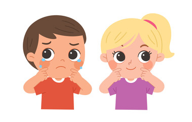 A sad boy with tears and a smiling girl showing opposite emotions while standing side by side, expressing feelings with finger gestures.