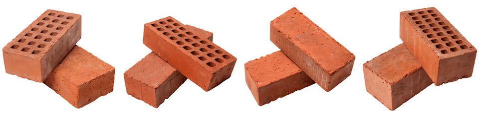 Four pairs of red clay bricks isolated on transparent background