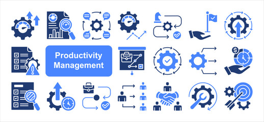 Productivity management editable stroke icon set, with Efficiency, KPI, Performance metrics, Continuous improvement, Resource allocation, Time allocation, Workflow.