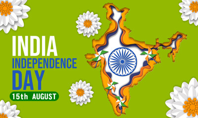 Indian Independence Day. A vibrant, flat-design illustration celebrating India's Independence Day (August 15th) with a map of India, Ashok Chakra, and traditional floral patterns, symbolizing unity.