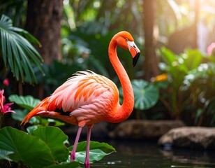 Pink flamingo at a zoo.