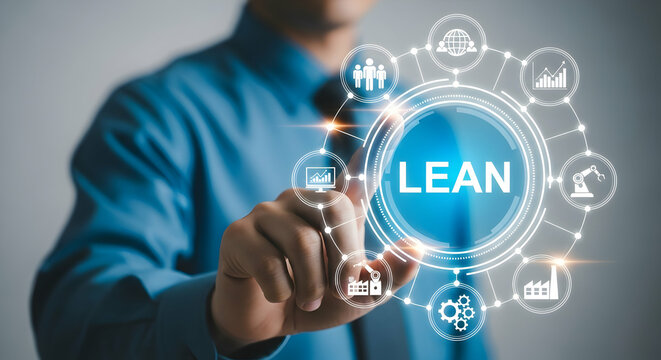A person in a light blue collared shirt touches a digital interface displaying the word "LEAN" surrounded by various business icons