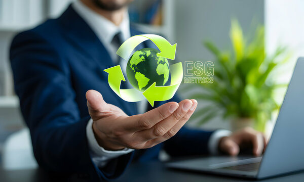 Businessman holds a 3D model of a recycling symbol over a globe - Powered by Adobe