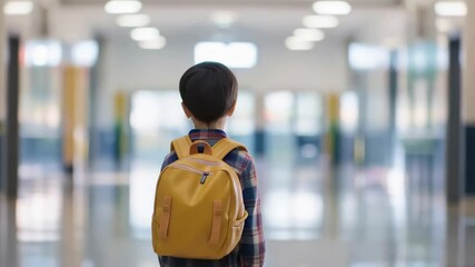 Young elementary student walking independently through bright school hallway, carrying backpack and representing childhood learning journey