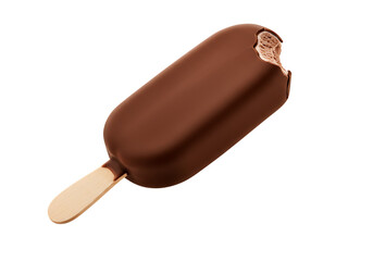 Chocolate ice cream bar on a stick with a bite taken Isolated on transparent background