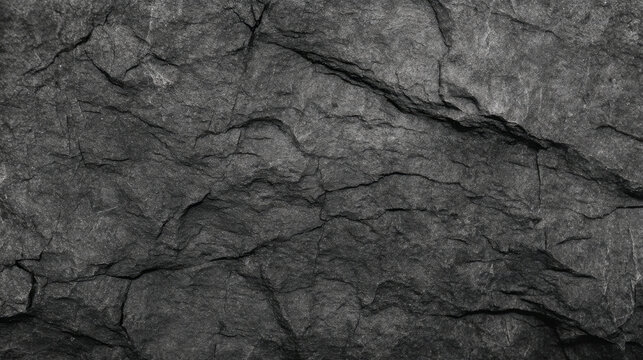 Detailed black and white texture of cracked dark gray granite rock surface for design elements