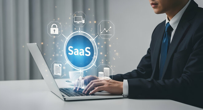 A businessman in a suit works on a laptop, with a SaaS graphic overlay