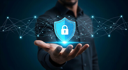 Cyber security technology concept, hand protecting with shield lock icon on network background