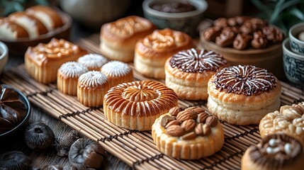 Assortment of traditional Chinese pastries on a bamboo mat