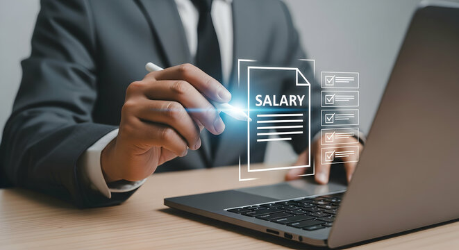 Businessman interacts with a digital salary document displayed over a laptop - Powered by Adobe