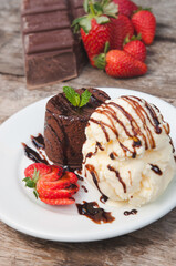 Strawberry Dessert with Chocolate Brownie and Ice Cream Scoop