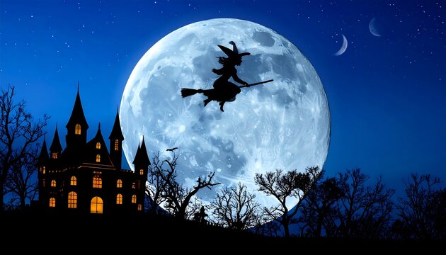 Halloween night, witch flying, spooky castle