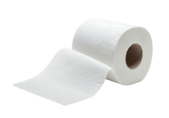 Close up image of a fresh roll of white toilet paper with a pulled out sheet Isolated on transparent background