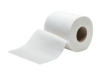 Close up image of a fresh roll of white toilet paper with a pulled out sheet Isolated on transparent background
