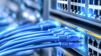 Close-up of fiber optic cables connected to network server ports in a modern data center