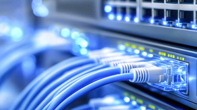 Fiber optic cables connected to network server ports in modern data center with glowing blue lights