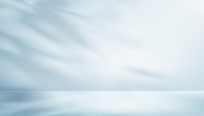 Blue background,Studio shot with shadow, light for product design,Vector interior room with branches leaves shadow, blurry abstract light effect overlay on blue wall background for Winter sale banner