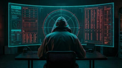 Cybersecurity specialist works at his desk on digital screens for network data - Powered by Adobe