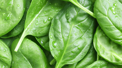 Fresh green spinach leaves glistening with water drops in natural lighting setting