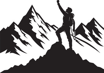 Black silhouette of mountain climber reaching summit, vector icon symbolizing success, achievement, goal, ambition, perseverance, motivation, challenge, adventure, outdoor sports, and victory concept
