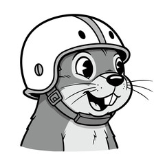A cheerful cartoon beaver wears a helmet with a chin strap, showing off its big eyes, buck teeth, and a playful smile.