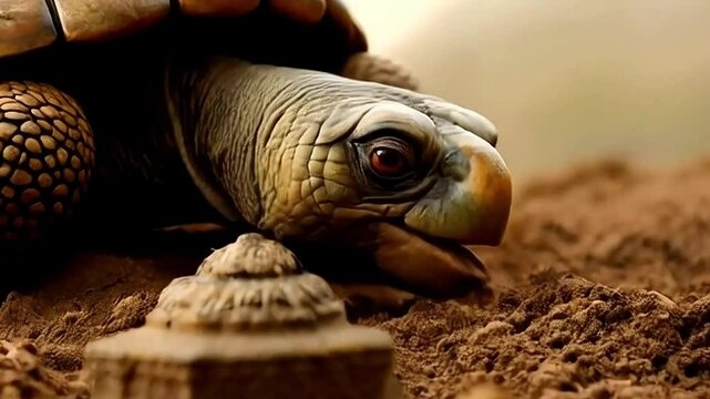 Tiny tortoise exploring earthy terrain