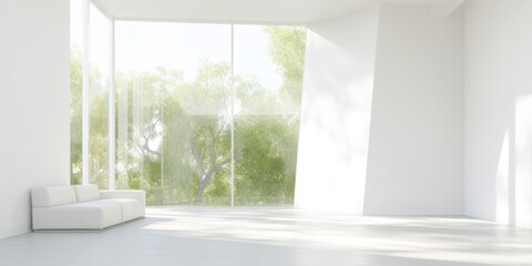 Fototapeta premium Elegant modern interior with large windows and garden view bathed in natural light