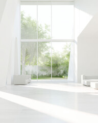 Fototapeta premium Modern minimalist interior with large windows and garden view in bright daylight