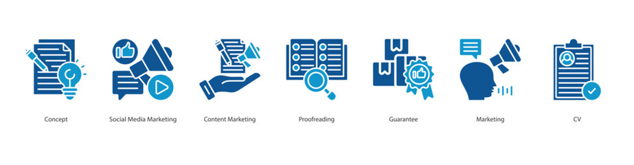 Fototapeta premium Digital Presence banner web icon set vector illustration concept with icon of concept, social media marketing, content marketing, proofreading, guarantee, marketing, cv