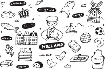 Holland Travel Doodles | Netherlands Landmark Sketches, Dutch Culture Vector, Hand-Drawn Holland Icons

