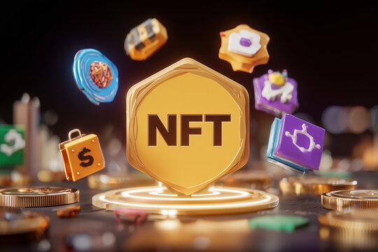 NFT marketplace concept, digital art tokens floating in virtual gallery space, unique digital assets visualization - Powered by Adobe