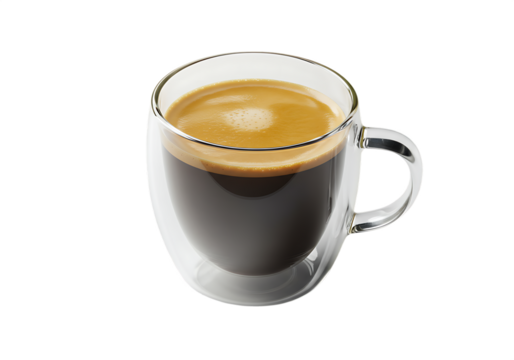 Delicious espresso coffee served in a double walled glass mug with Isolated on transparent background
