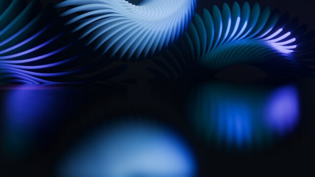 Abstract background of blurred graphics of blue and purple spiral waves in shades. 3D rendering of blue gradient spiral lines and light reflections on the ground. Free space for your text